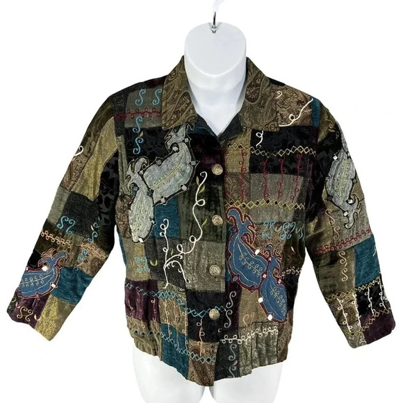 Vintage Alex Kim Womens M Patchwork Velvet Jacket Art To Wear Embroidered BOHO - Picture 1 of 16